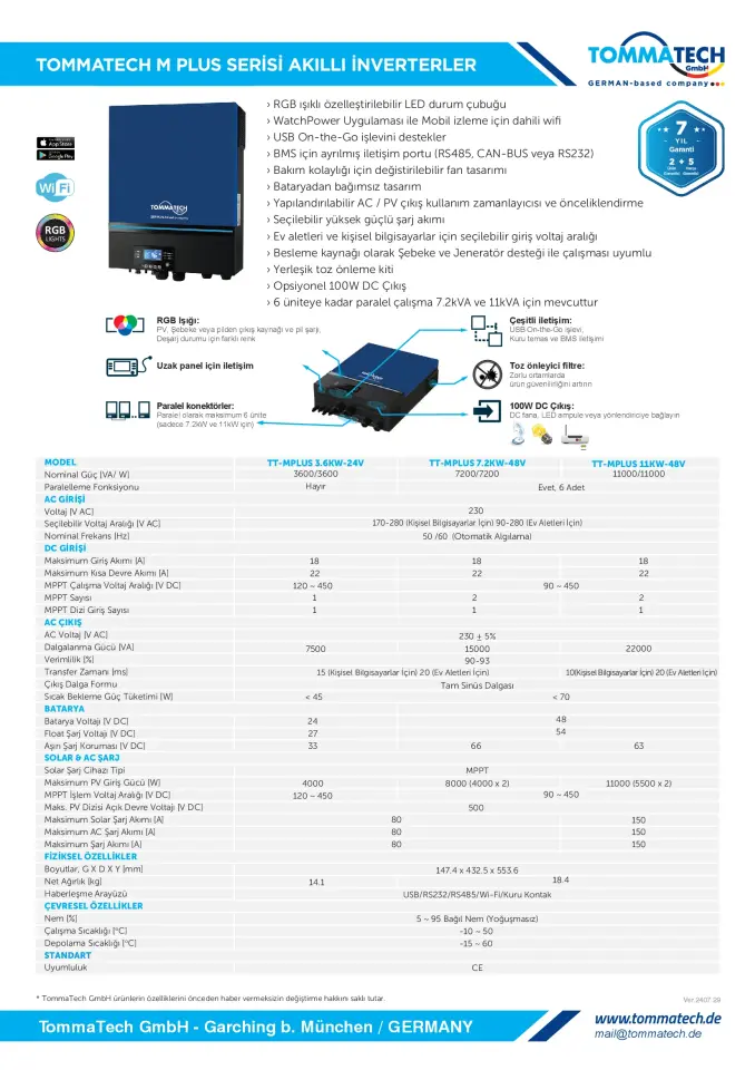 TommaTech MPlus 11K 48V MPPT 1Faz Akıllı İnverter