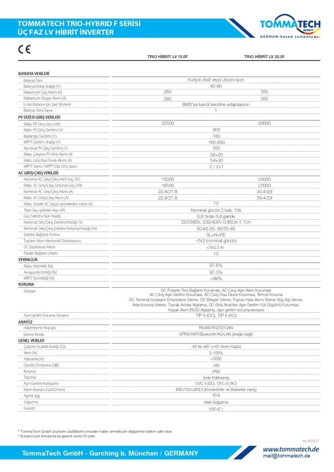 TommaTech F Serisi 20kW 48V Trifaze LV Hibrit İnverter