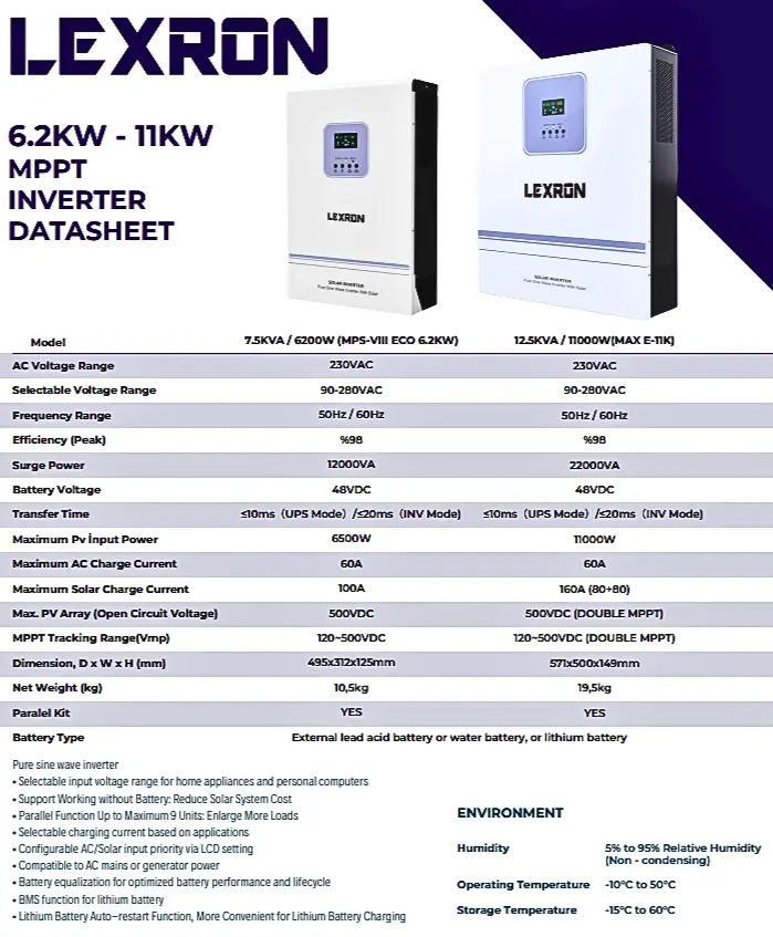 Lexron 6.2 kW 48 V Mppt 90-500v Pv Input 100a Mppt Akıllı Inverter Parallenebilir