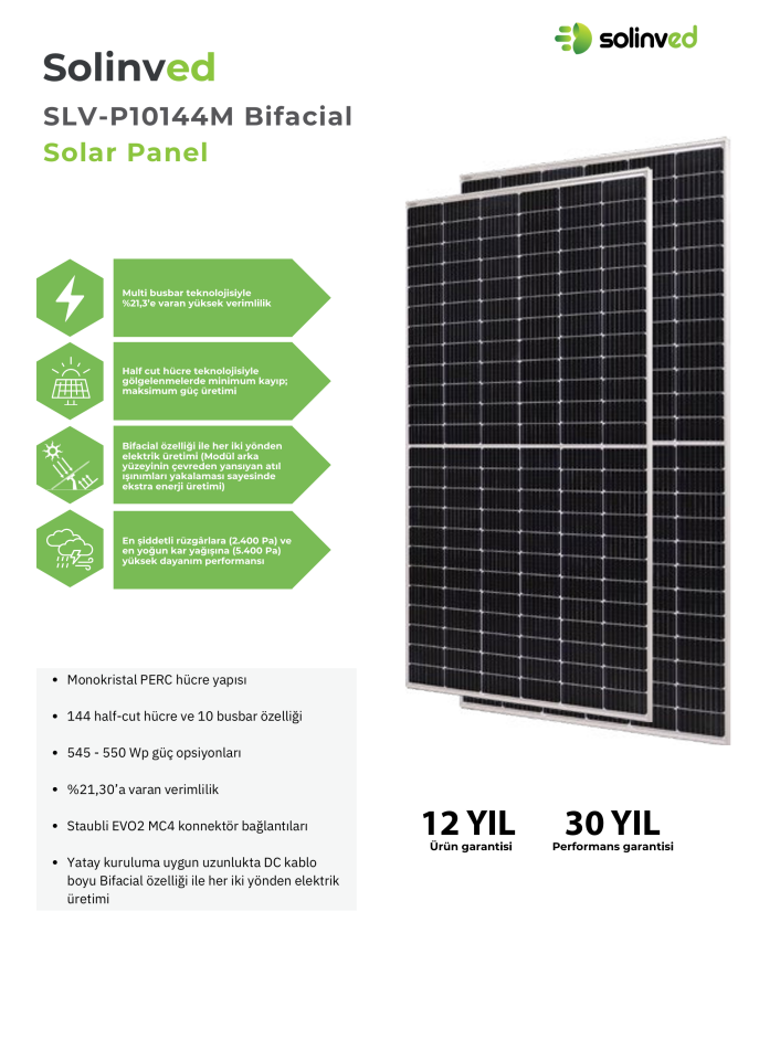 Solinved 550 Watt Bifacial Çift Yönlü Half Cut Güneş Paneli