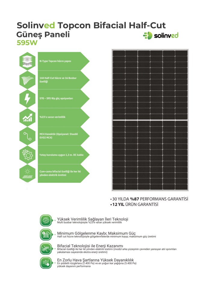 Solinved 595 Watt Topcon Bifacial Çift Yönlü Half Cut Güneş Paneli