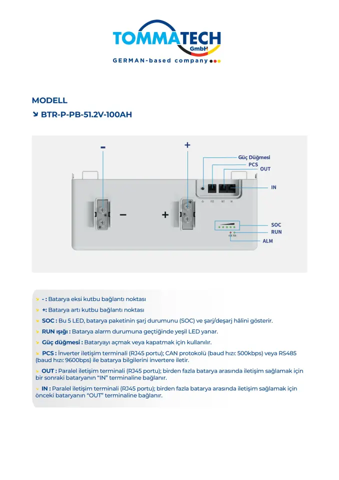 TommaTech 51.2V 100Ah PB Serisi LFP Lityum Batarya